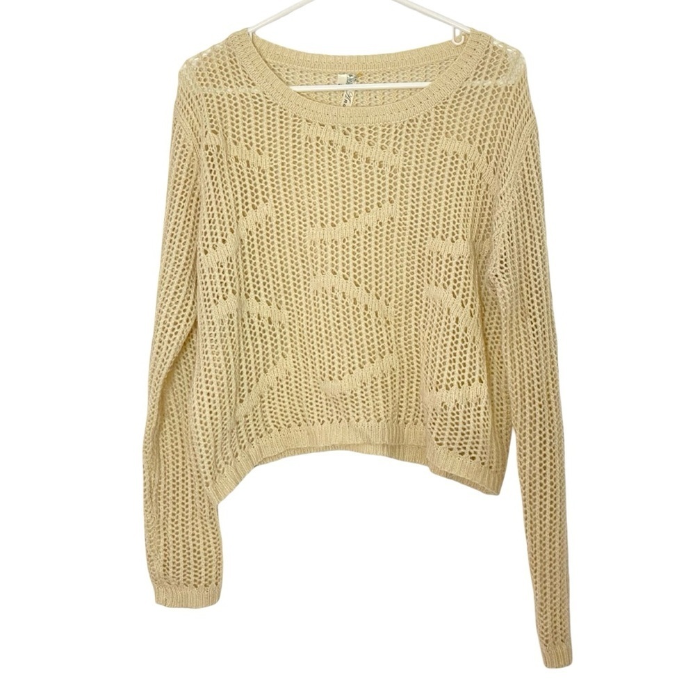 Y2K Andree Blue Mesh Sweater Women Size Medium Cream Crop Knit Boho Chic Neutral